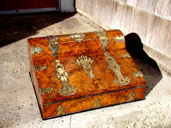 An English Victorian brass mounted burl walnut writing box circa 1870